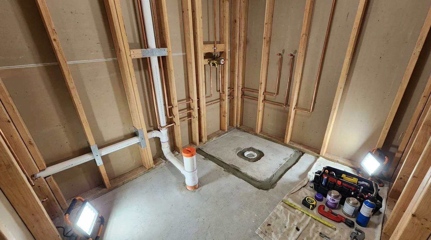 Bathroom rough-in plumbing during remodel by Johns Plumbing LLC in Celina