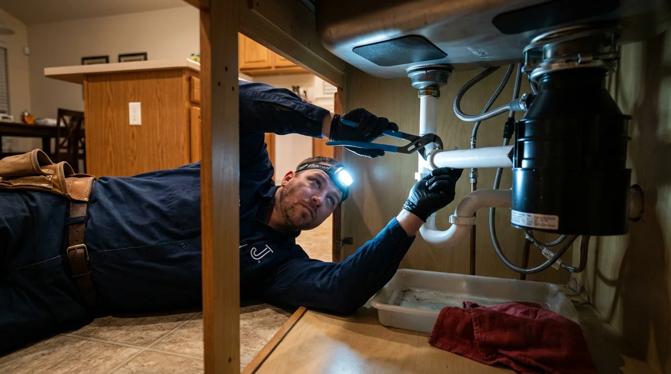 P-trap and supply line connections under a kitchen sink showing a common leak point in Celina, TN